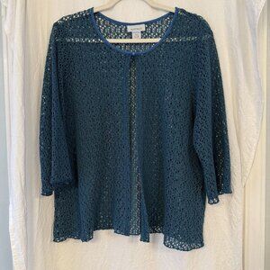 Avenue Womens Open Knit Cardigan Sweater Teal Blue Crochet 18/20